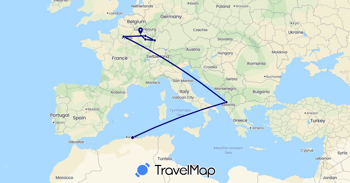 TravelMap itinerary: driving in Albania, Algeria, France (Africa, Europe)